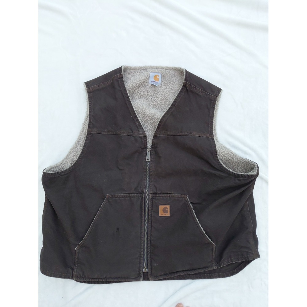Carhartt Duck Canvas Sherpa Brown Zip Up Vest Size 2XL